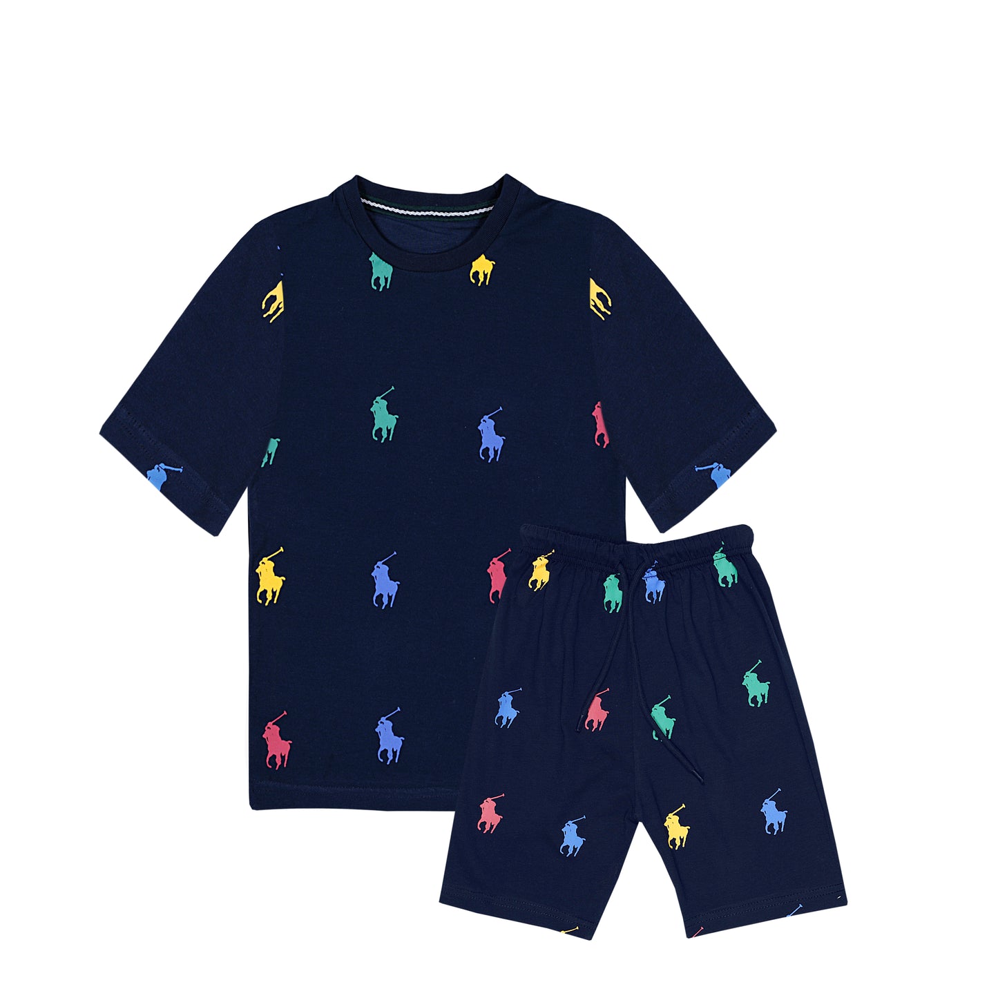 RL POLO NAVY ALLOVER PRINT T-SHIRT WITH SHORTS (W-3015)
