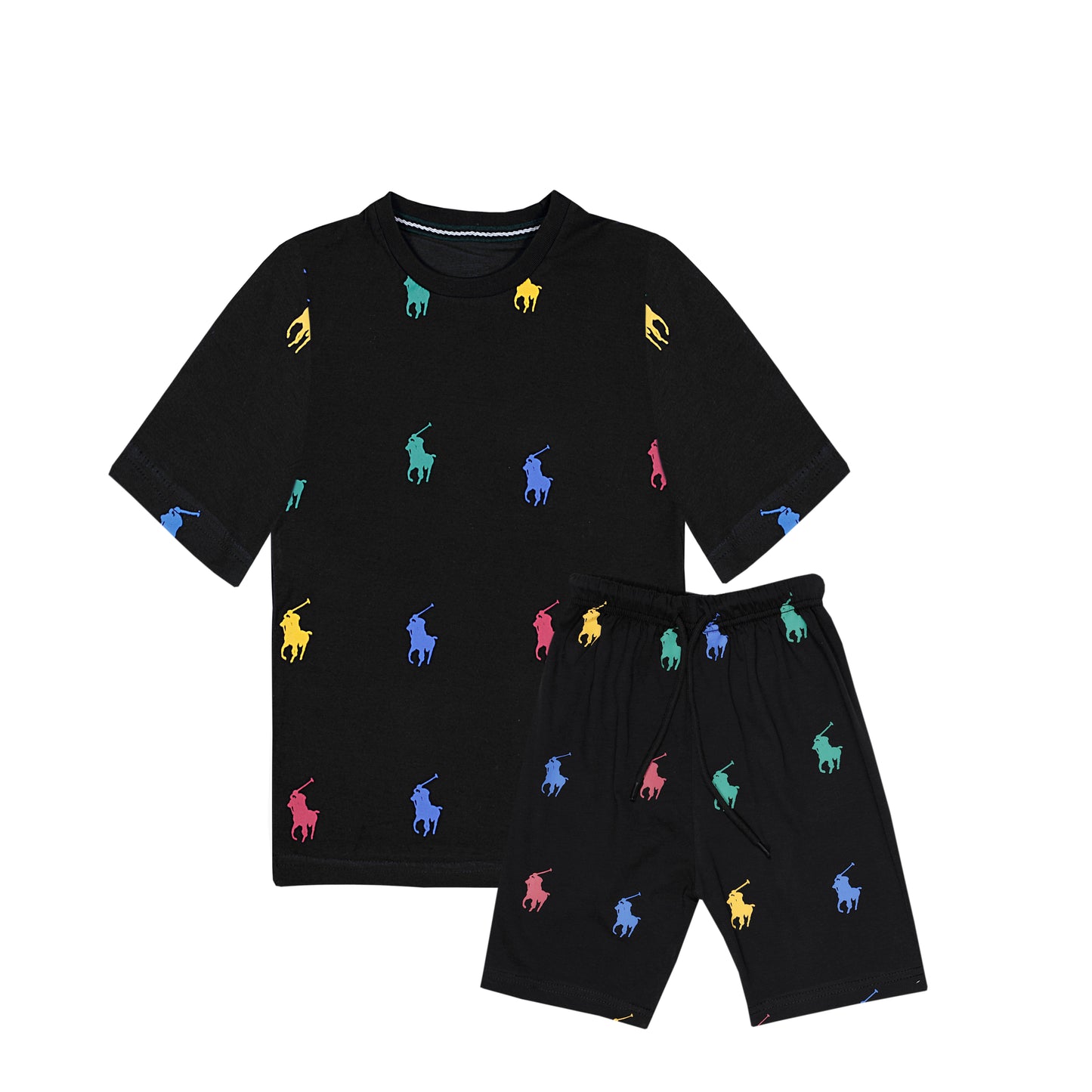 RL POLO BLACK ALLOVER PRINT T-SHIRT WITH SHORTS (W-3014)