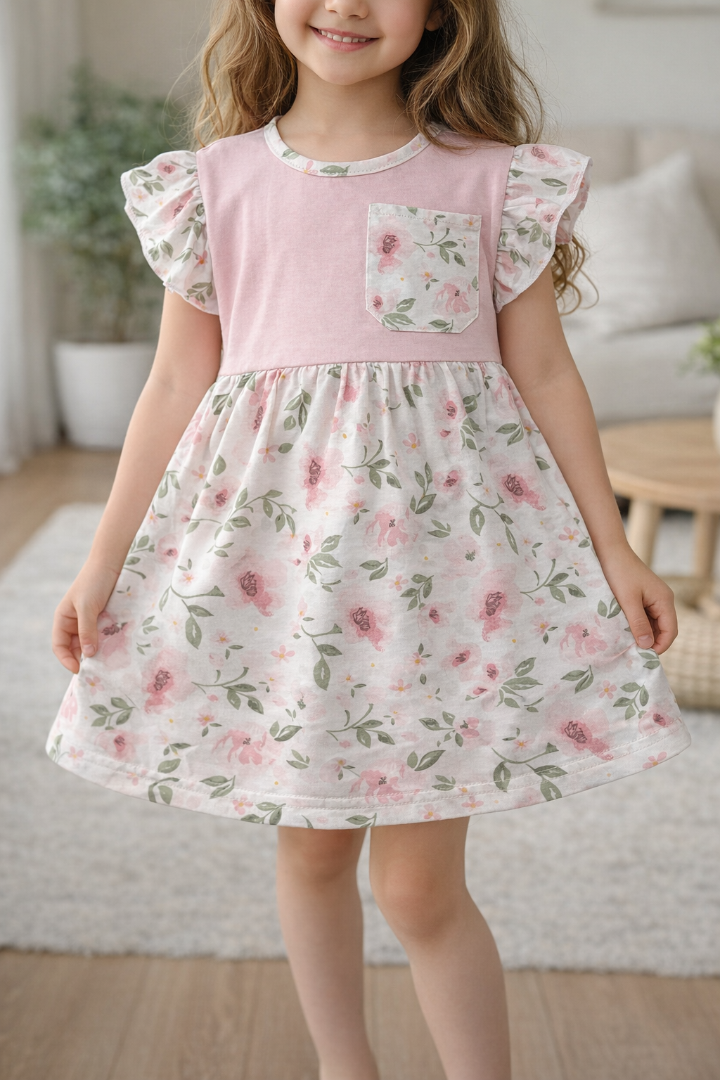 M-B GIRLS FROCK PINK & WHITE FLOWERS