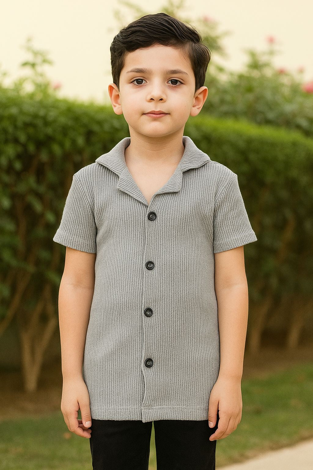 BOYS SILVER GREY TEXTURED BUTTON DOWN POLO(F_1132)