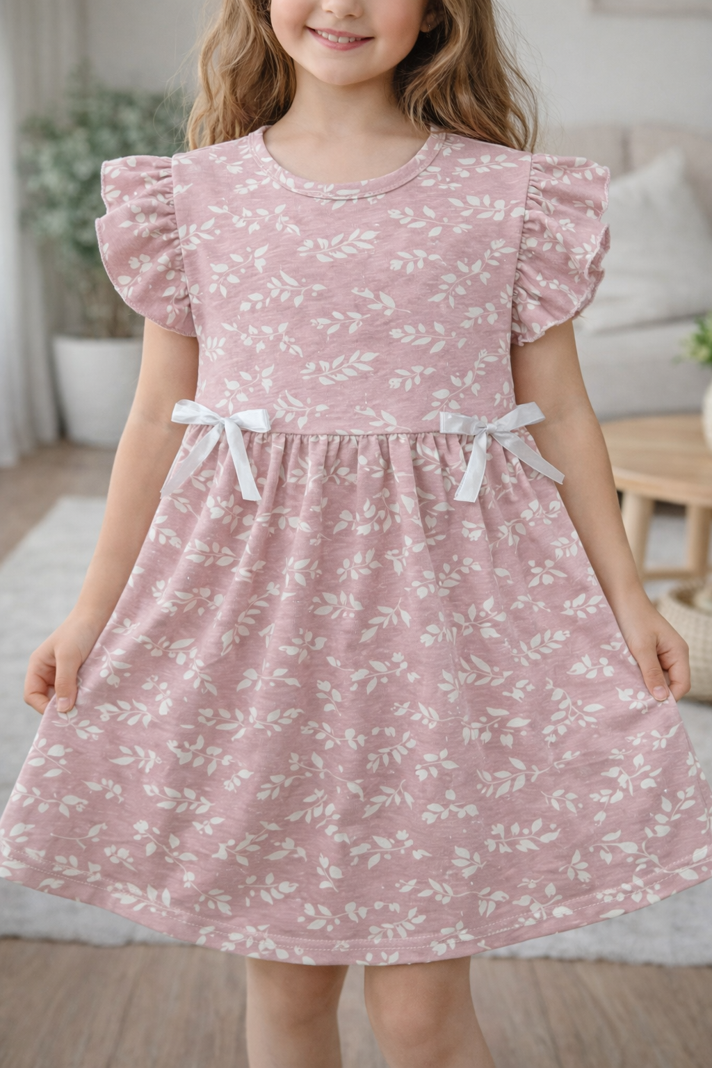 M-B GIRLS FROCK PINK LEAVES