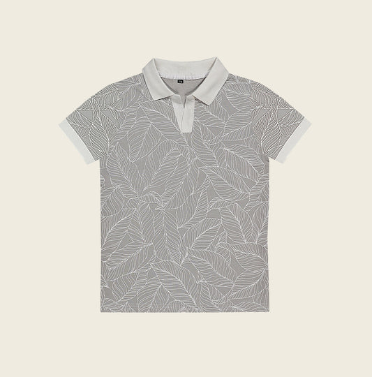 M-B GREY WHITE LEAVES PRINT POLO SHIRT(NJ-78620)