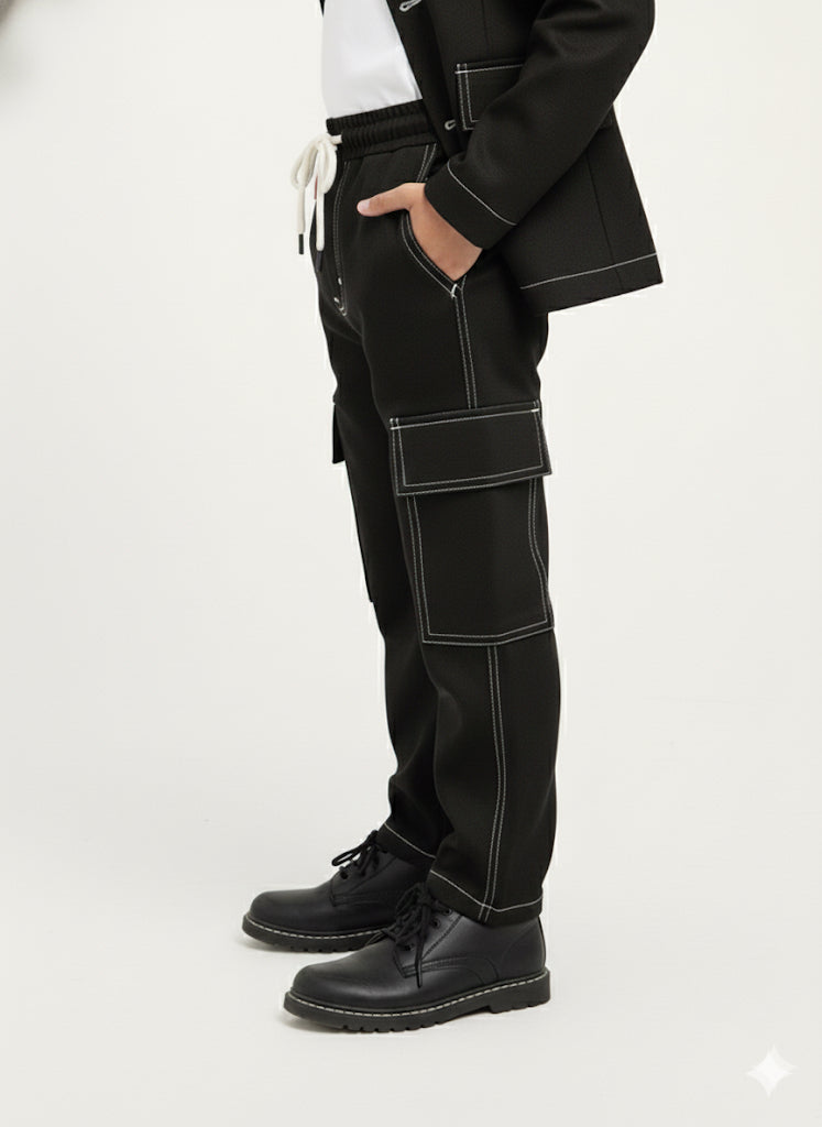 MINI_BIMBELS UNISEX CARGO PENTS  BLACK WHITE LINING (F-0002)