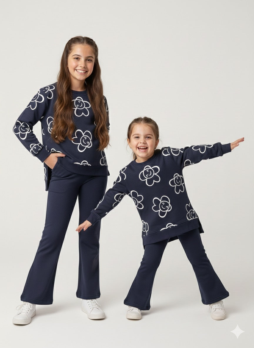 (MINI_ BIMBELS BELL BOTTOM FRONT SIDE CUTS NAVY FLOWERS GIRLS TRACKSUIT(00147)