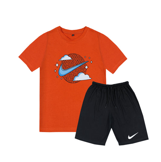 NIKE ORANGE BLACK PRINT T-SHIRT WITH SHORTS (W-521)