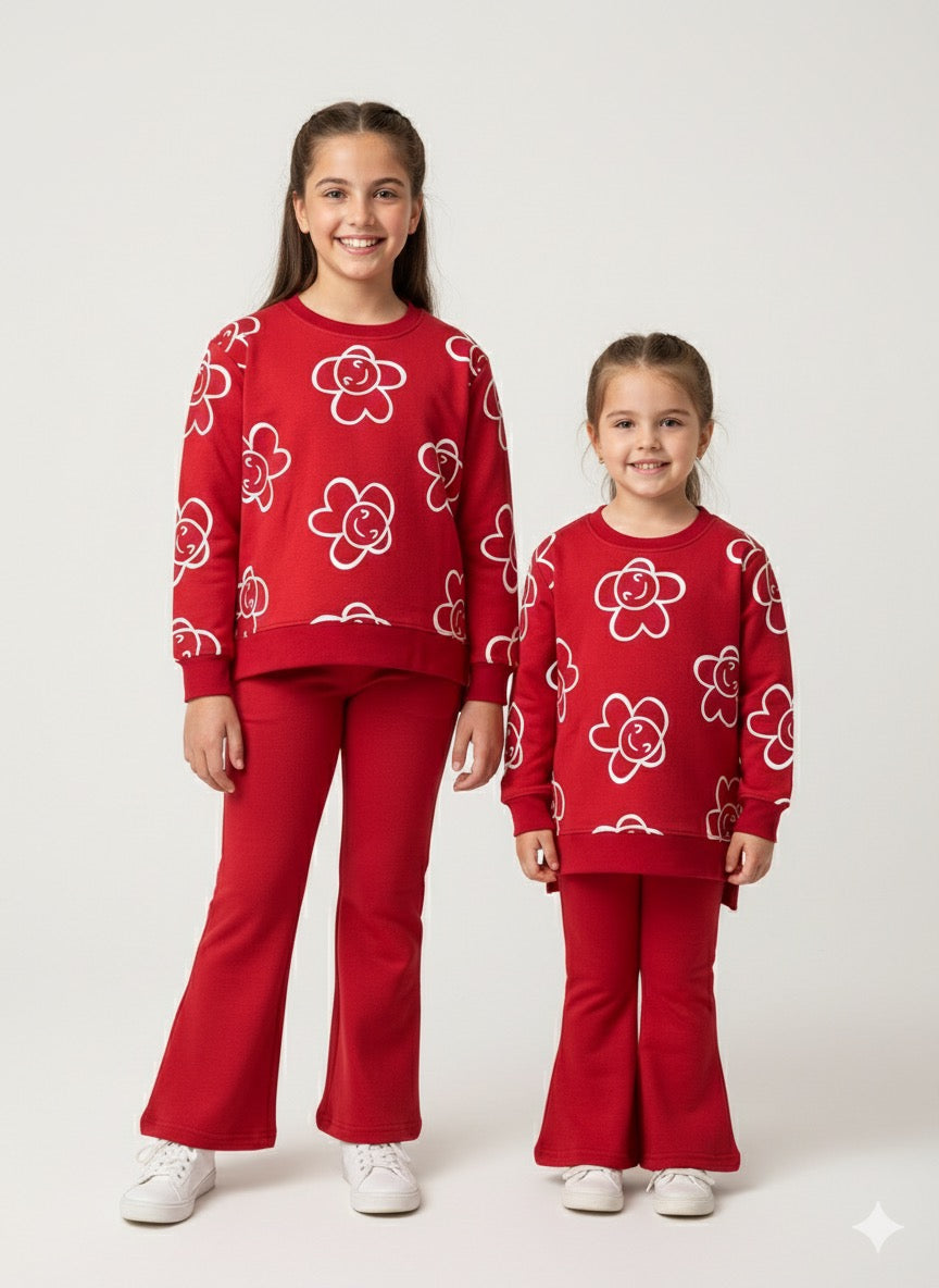 (MINI_ BIMBELS BELL BOTTOM FRONT SIDE CUTS RED FLOWERS GIRLS TRACKSUIT(00146)