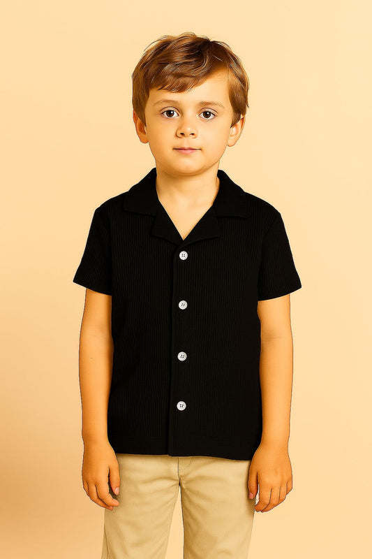BOYS BLACK TEXTURED BUTTON DOWN POLO(F_1131)