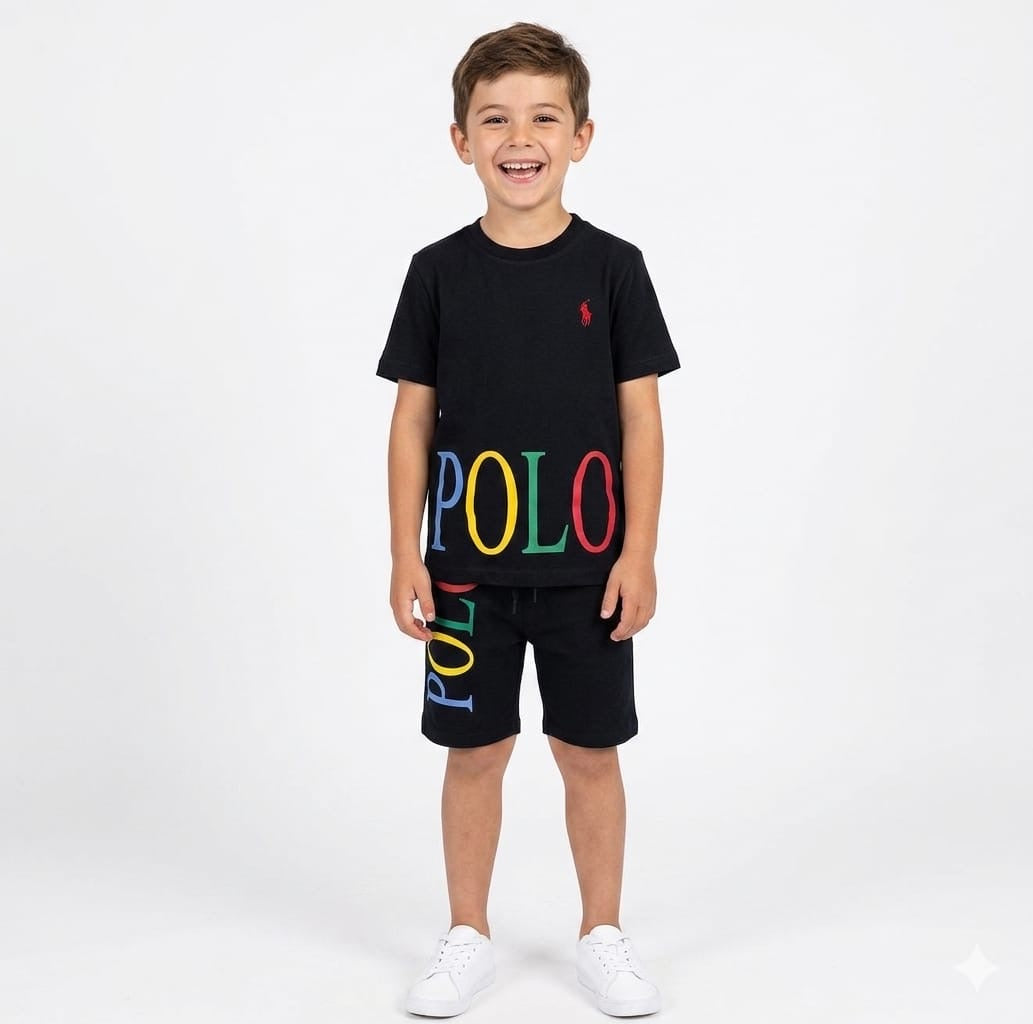 RL BLACK POLO PRINT T-SHIRT WITH SHORTS (W-3001)