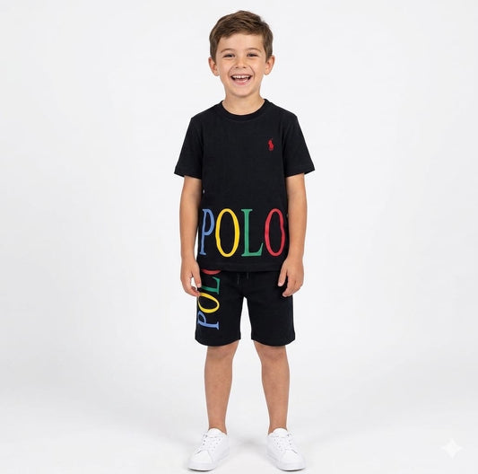 RL BLACK POLO PRINT T-SHIRT WITH SHORTS (W-3001)