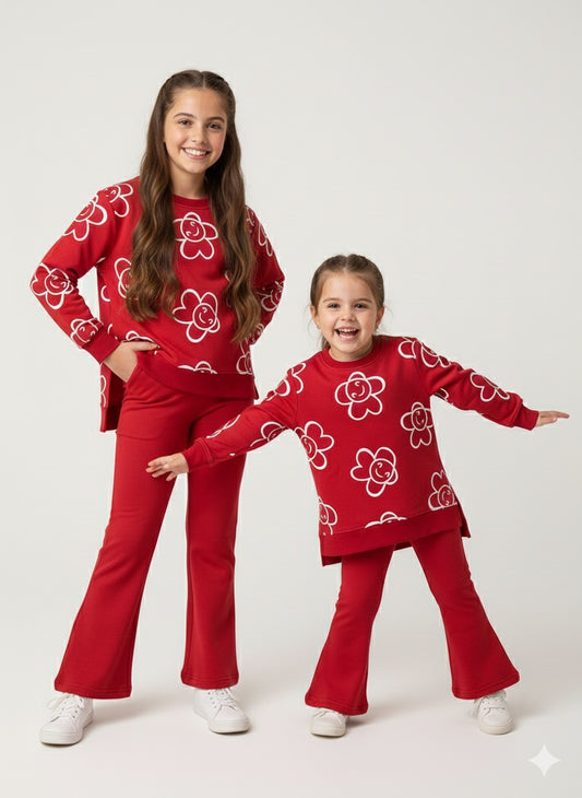 (MINI_ BIMBELS BELL BOTTOM FRONT SIDE CUTS RED FLOWERS GIRLS TRACKSUIT(00146)