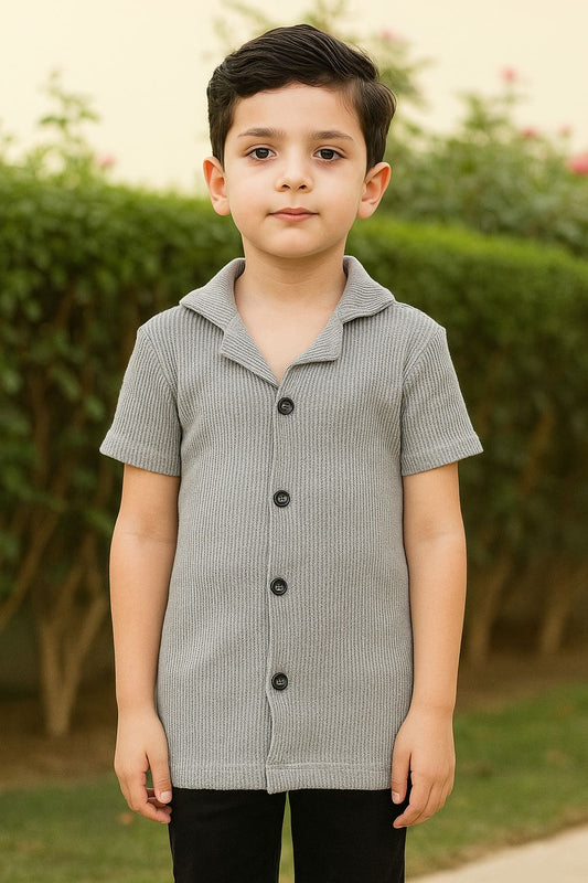BOYS SILVER GREY TEXTURED BUTTON DOWN POLO(F_1132)