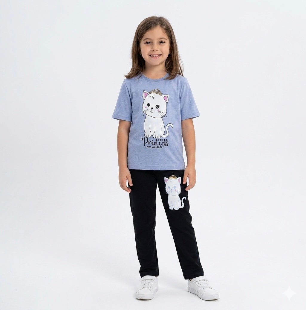 SKY KITTY PRINT T-SHIRT WITH TROUSER (W-3002)