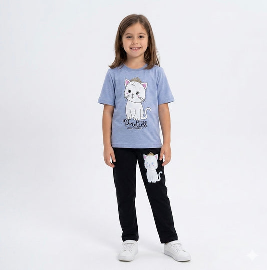SKY KITTY PRINT T-SHIRT WITH TROUSER (W-3002)