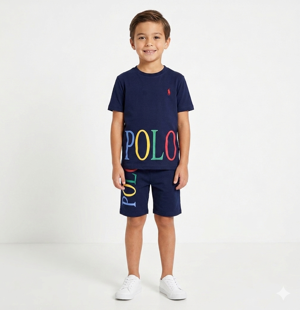 RL NAVY POLO PRINT T-SHIRT WITH SHORTS (W-3011)
