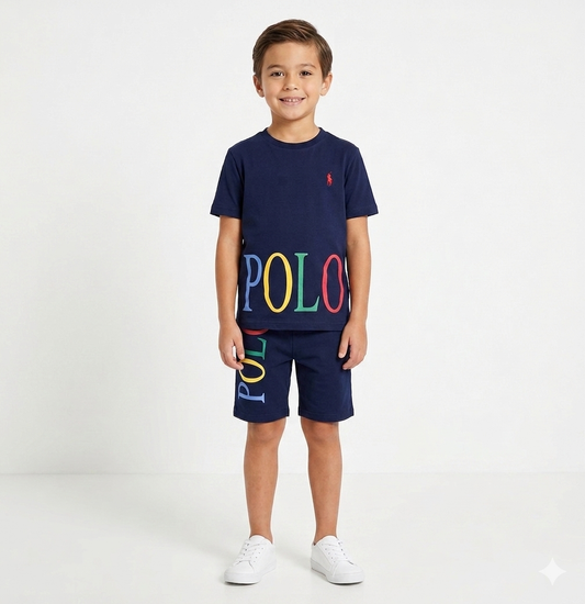 RL NAVY POLO PRINT T-SHIRT WITH SHORTS (W-3011)